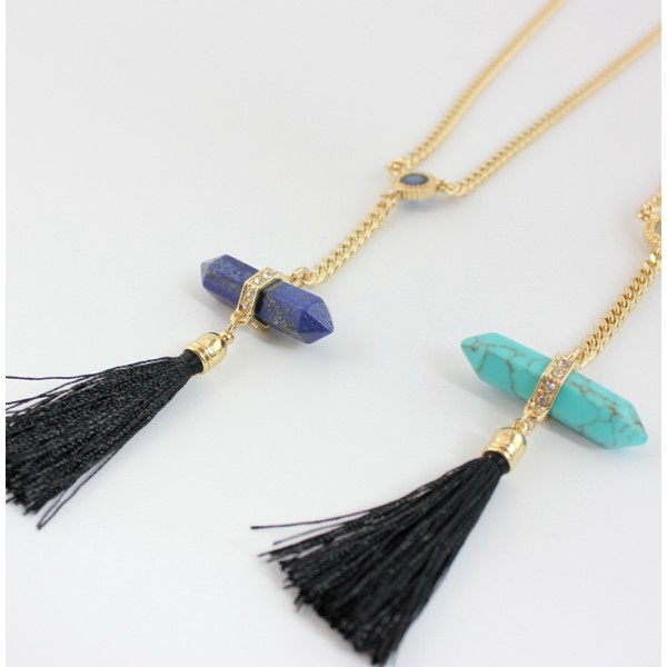 N-6015  New Fashion Gold Plated 2 Colors Green Blue Geometric Natural Stone Turquoise Rhinestone Zircon Black Thread Tassel Pendant Necklace Women Jewelry