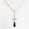 N-6015  New Fashion Gold Plated 2 Colors Green Blue Geometric Natural Stone Turquoise Rhinestone Zircon Black Thread Tassel Pendant Necklace Women Jewelry