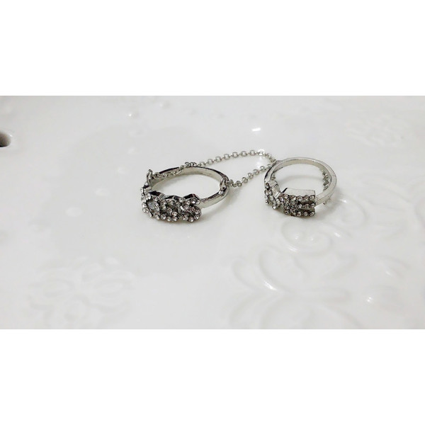 R-1312  Fashion luxury rhinestone  carved "KISEE ME" pattern double silver chain midi ring for wedding party crystal jewelry