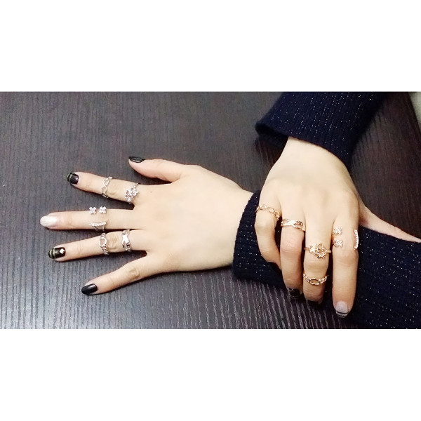R-1314   5pcs/set fashion finger ring gold silver plated charm rhinestone heart and flower shape knuckle rings for women jewelry