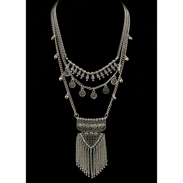 N-6029 Bohemia Style Vintage Silver Plated Alloy Multilayer Chains Rhinestone Tassel Chains Pendant Necklace Women Necklace