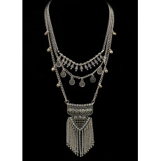 N-6029 Bohemia Style Vintage Silver Plated Alloy Multilayer Chains Rhinestone Tassel Chains Pendant Necklace Women Necklace
