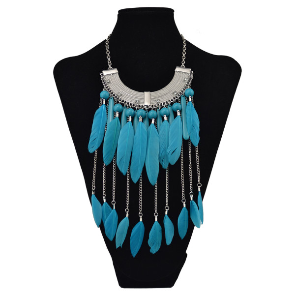 N-6035 New Fashion Alloy Rhinestone 3 Colors Blue Black Colorful Beads Bar Feather Chain Tassel Long Necklace Women Pendant Necklace