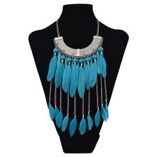 N-6035 New Fashion Alloy Rhinestone 3 Colors Blue Black Colorful Beads Bar Feather Chain Tassel Long Necklace Women Pendant Necklace