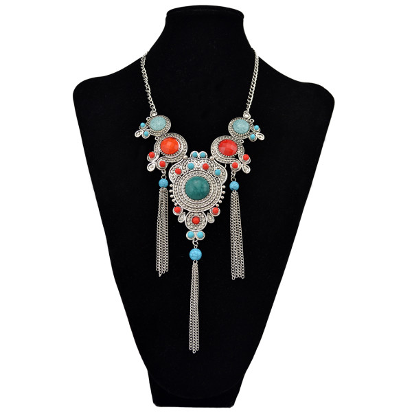 N-6038  Bohemia Style Silver Plated Turquoise Beads Bib Statement Necklace Charm Rhinestone Tassel Chain Pendant Necklaces for Women Jewelry