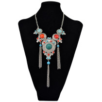 N-6038  Bohemia Style Silver Plated Turquoise Beads Bib Statement Necklace Charm Rhinestone Tassel Chain Pendant Necklaces for Women Jewelry