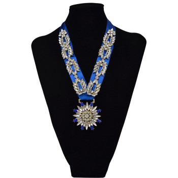 N-6043  European style red blue black ribbon & silk chain rainbow crystal leaves flower inlay false choker bib statement necklace fashion luxury jewelry