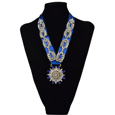 N-6043  European style red blue black ribbon & silk chain rainbow crystal leaves flower inlay false choker bib statement necklace fashion luxury jewelry
