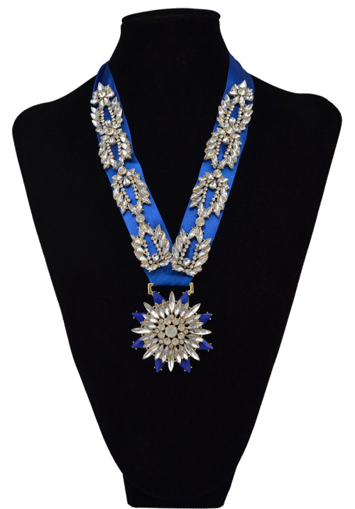 N-6043  European style red blue black ribbon & silk chain rainbow crystal leaves flower inlay false choker bib statement necklace fashion luxury jewelry