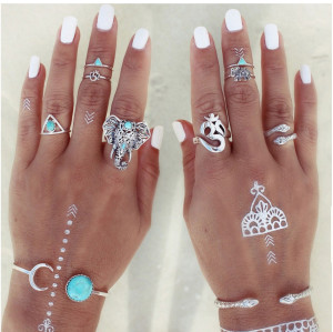 R-1321  8Pcs/set Bohemian Style Vintage Silver Plated Elephant sets Triangle Nail Midi Rings for Women Jewelry