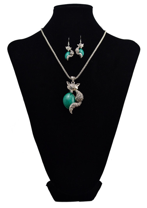 N-6041  Bohemian vintage silver snake chain turquoise green bead stone lovely ox head and fox owl pendant necklace bracelet earrings