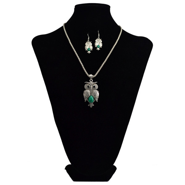 N-6041  Bohemian vintage silver snake chain turquoise green bead stone lovely ox head and fox owl pendant necklace bracelet earrings