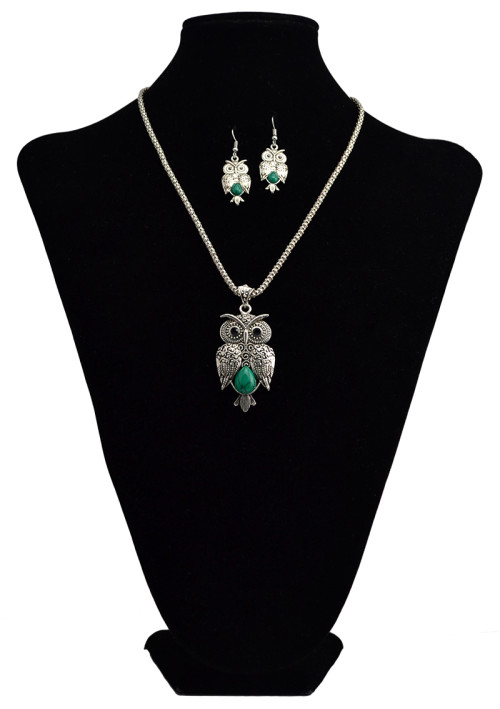 N-6041  Bohemian vintage silver snake chain turquoise green bead stone lovely ox head and fox owl pendant necklace bracelet earrings