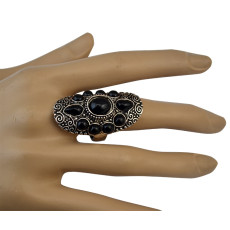 R-1325  Bohemian punk style vintage silver plated carving flower black turquoise gem stone big punk joint rings for women jewelry