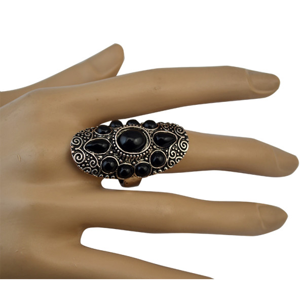 R-1325 Bohemian punk style vintage silver plated carving flower black turquoise gem stone big punk joint rings for women jewelry