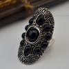 R-1325 Bohemian punk style vintage silver plated carving flower black turquoise gem stone big punk joint rings for women jewelry