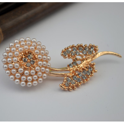 P-0309  2016 Nw Fashion Gold Plated Alloy White Beads Flower Leaves Rhinestone Females Collar Brooch Pin Jewelry