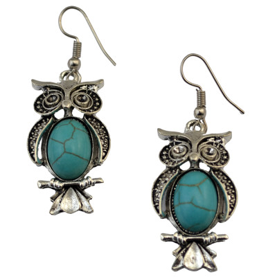 E-3690 Bohemian Fashion style silver plated punk tiny cute owl pendant hook dangle earrings