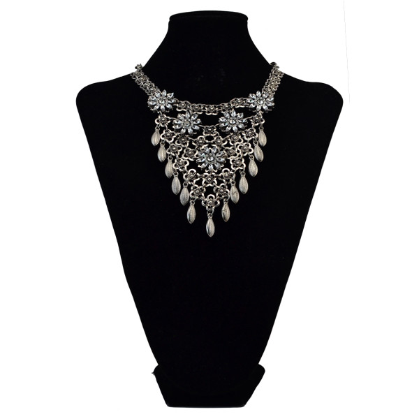 N-6055  New Vintage Gold/Silver Chain Hollow Flower Long Tassel Waterdrop Pendant Crystal Choker Collar Statement Necklace for Women Jewelry