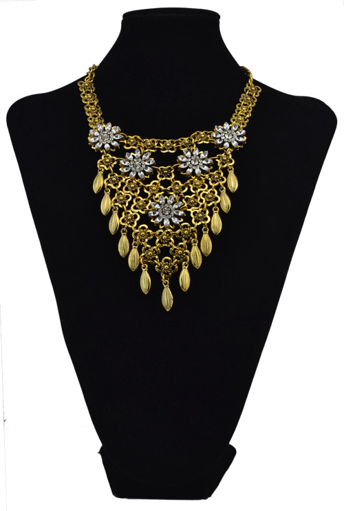 N-6055  New Vintage Gold/Silver Chain Hollow Flower Long Tassel Waterdrop Pendant Crystal Choker Collar Statement Necklace for Women Jewelry