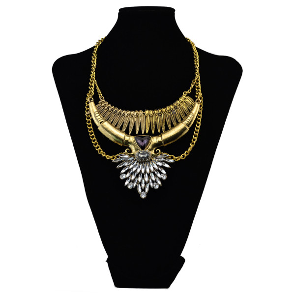 N-6056  Retro gold silver plated triangle rhinestone charm moon shape pendant necklace