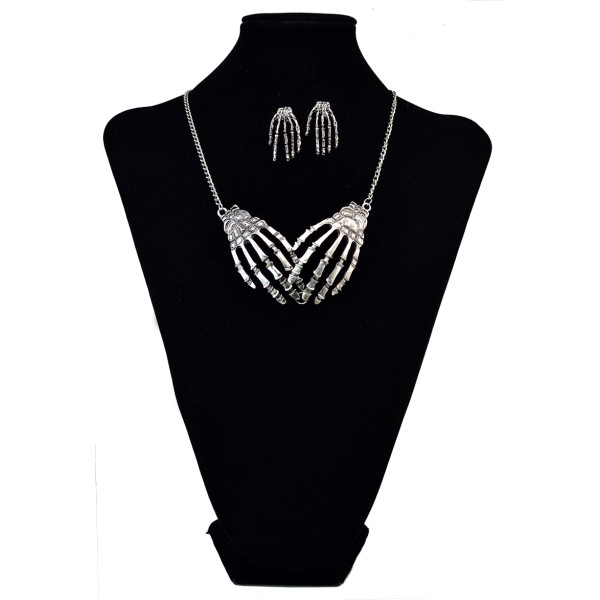 N-6060   E-3697 Punk style retro silver plated tiny bone hands pendant necklace set fashion jewelry