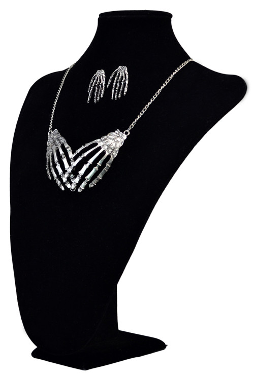 N-6060   E-3697 Punk style retro silver plated tiny bone hands pendant necklace set fashion jewelry
