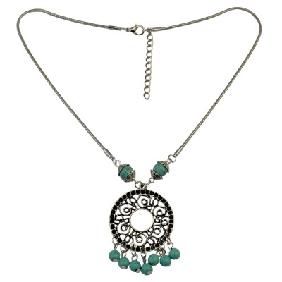 N-6064 Bohemian style silver thin chain hollow out vintage round flower turquoise beads ball tassel pendant necklace