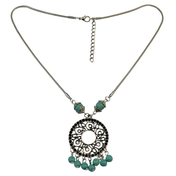 N-6064 Bohemian style silver thin chain hollow out vintage round flower turquoise beads ball tassel pendant necklace