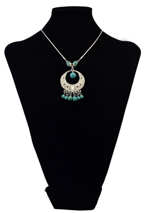 N-6064 Bohemian style silver thin chain hollow out vintage round flower turquoise beads ball tassel pendant necklace