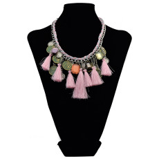 N-6069 Bohemian Handmade Weave Thread Chain pink colorful threads tassel crystal coin fringe pendant choker necklaces females jewelry