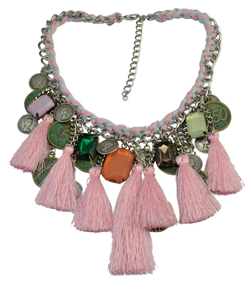 N-6069 Bohemian Handmade Weave Thread Chain pink colorful threads tassel crystal coin fringe pendant choker necklaces females jewelry