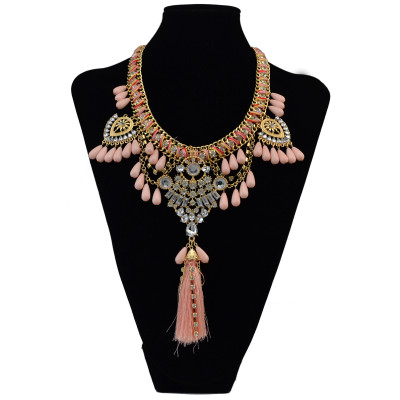 N-6080    Bohemian Handmade 5colors Green,Black,Pink,White，Red  Crystal Pearl Beads Tassel Choker Statement Necklace for Women Jewelry