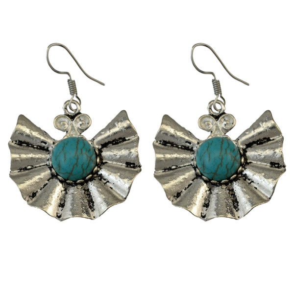 E-3699   Retro Ethnic Tibetan Silver Fan Shaped Hook Earrings Natural Turquoise Beads Dangling Earrings Tribal Jewelry