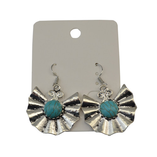 E-3699   Retro Ethnic Tibetan Silver Fan Shaped Hook Earrings Natural Turquoise Beads Dangling Earrings Tribal Jewelry