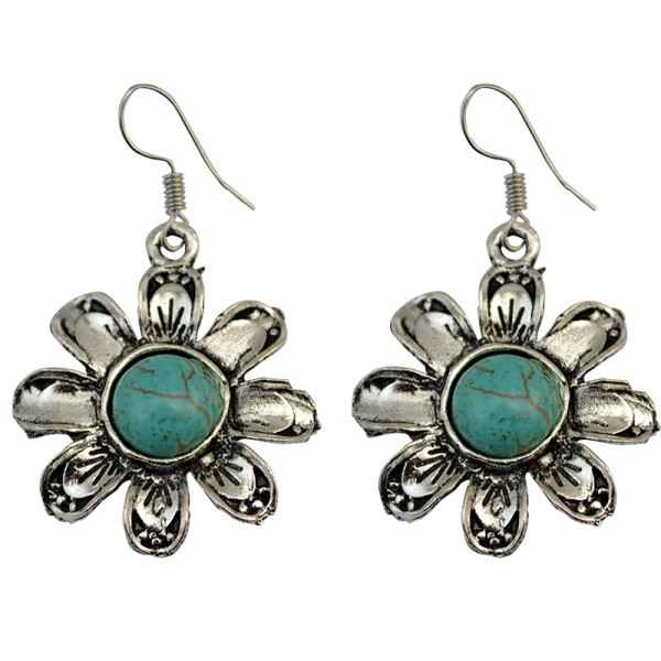 E-3706 Retro Ethnic Tibetan Silver Flower Hook Earrings Natural Turquoise Beads Dangling Earrings Tribal Jewelry