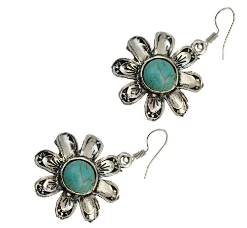 E-3706 Retro Ethnic Tibetan Silver Flower Hook Earrings Natural Turquoise Beads Dangling Earrings Tribal Jewelry