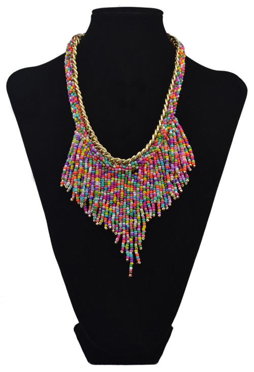N-6092   2016 New Fashion Bohemian Style Gold Plated Alloy Link Chain Colorful Beads Tassel Choker Bib Necklaces Women Jewelry