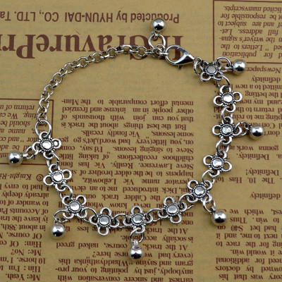B-0611 Gypsy Bohemian Vintage Silver Flowers Chain Anklet Bracelets Beads Tassel Foot Chain Women's Jewelry
