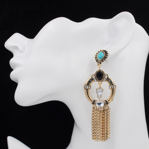 E-3719 new fashion bohemian style 2 colors gold silver plated alloy turquoise beads crystal rhinestone tassel chain dangle earrings females jewelry