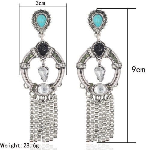 E-3719 new fashion bohemian style 2 colors gold silver plated alloy turquoise beads crystal rhinestone tassel chain dangle earrings females jewelry