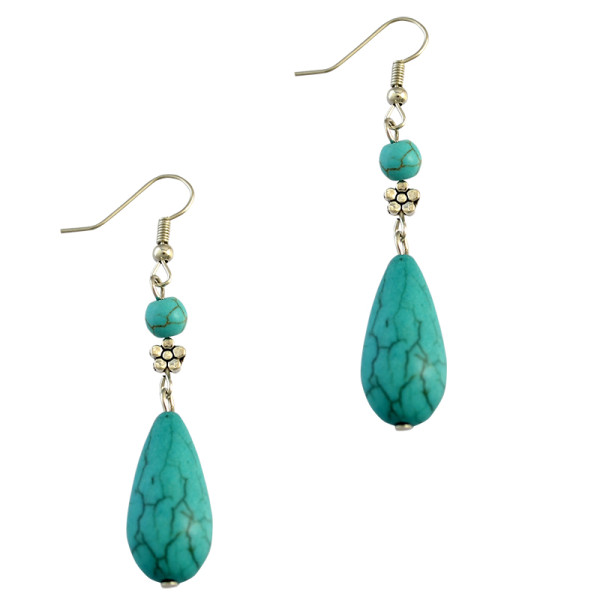 2016 New Fashion Silver Alloy Green Waterdrop Natural Turquoise Long Dangle Drop Earrings For Females Jewelry