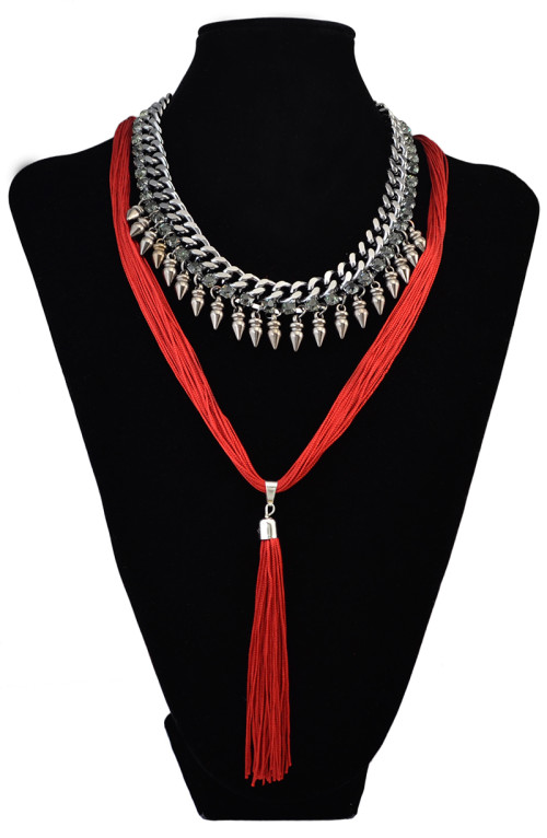 N-6106    3 Colors Bohemian Fashion Necklaces & Pendants Gun Black Chain Red Black And Blue Rope Long Tassel Bib Statement Necklace Women Jewelry