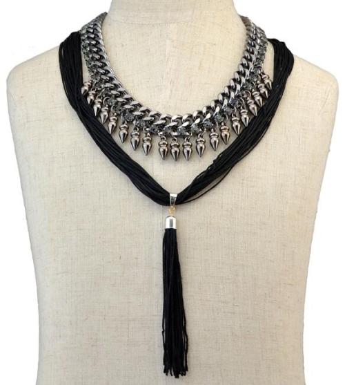N-6106    3 Colors Bohemian Fashion Necklaces & Pendants Gun Black Chain Red Black And Blue Rope Long Tassel Bib Statement Necklace Women Jewelry