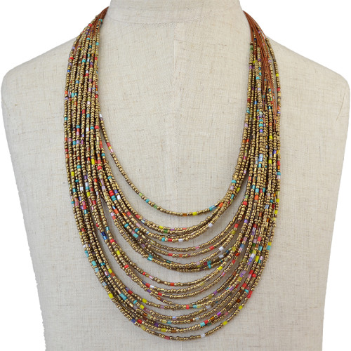 N-6110  6 Colors New Handmade Bohemian Fashion 20 Layers Resin Seed Beads Chain Choker Bib Statement Necklace Women Jewelry