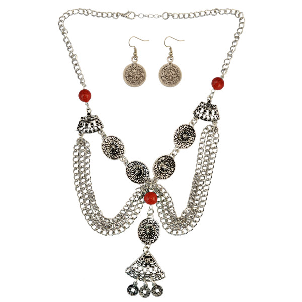 N-6126 3 Colors Bohemian Vintage Silver Coin Geometric Bib Choker Turquoise Tassel Earring Long Necklaces Set Women Jewelry