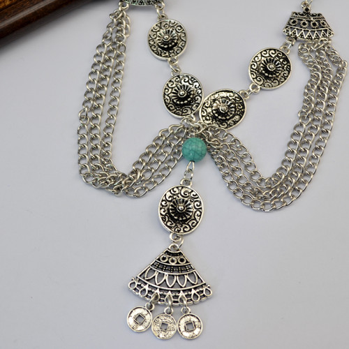 N-6126 3 Colors Bohemian Vintage Silver Coin Geometric Bib Choker Turquoise Tassel Earring Long Necklaces Set Women Jewelry