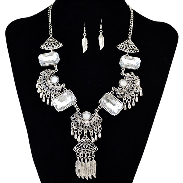 N-6127 Bohemian Coin Earrings Jewelry Sets for Women Antique Silver Long Tassel Moon Necklaces Pendants