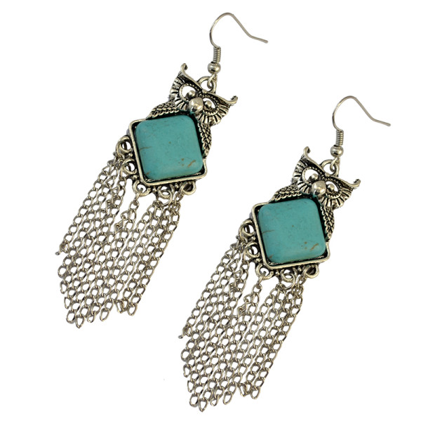 E-3736  Bohemian 2 styles owl shape leaf shape silver plated natural turquoise pendant hook earrings for women jewelry