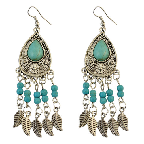 E-3736  Bohemian 2 styles owl shape leaf shape silver plated natural turquoise pendant hook earrings for women jewelry